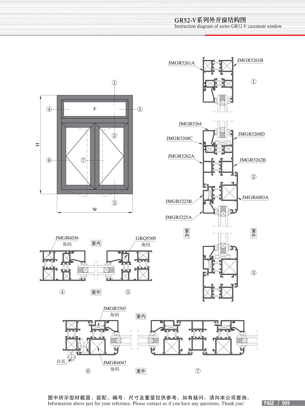 Schéma de structure de la fenêtre à battant ouvert vers l’extérieur de la série GR52-V