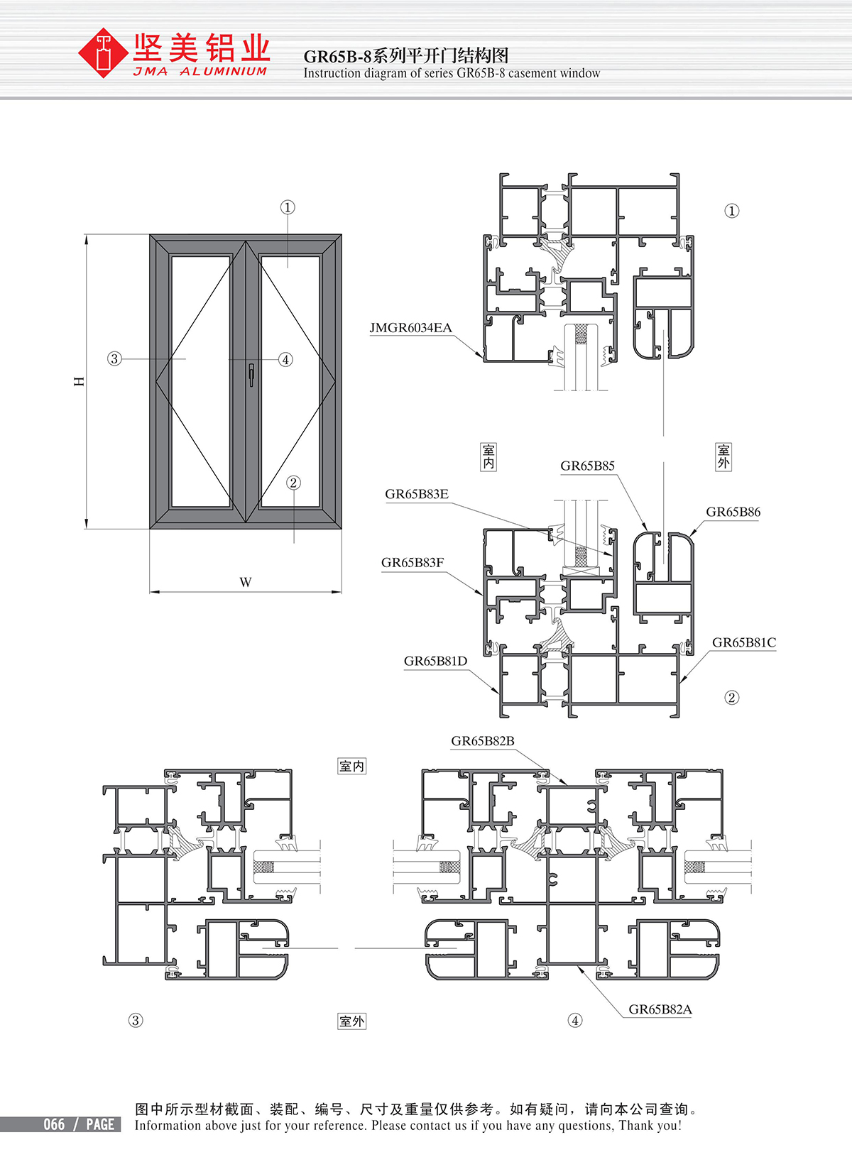 Schéma de structure de la porte à battant de la série GR65B-8