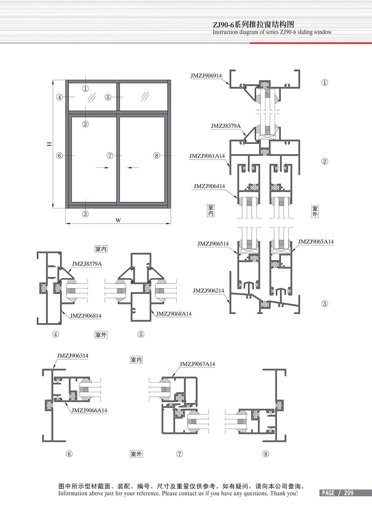 Schéma de structure de la fenêtre coulissante de la série ZJ90-6