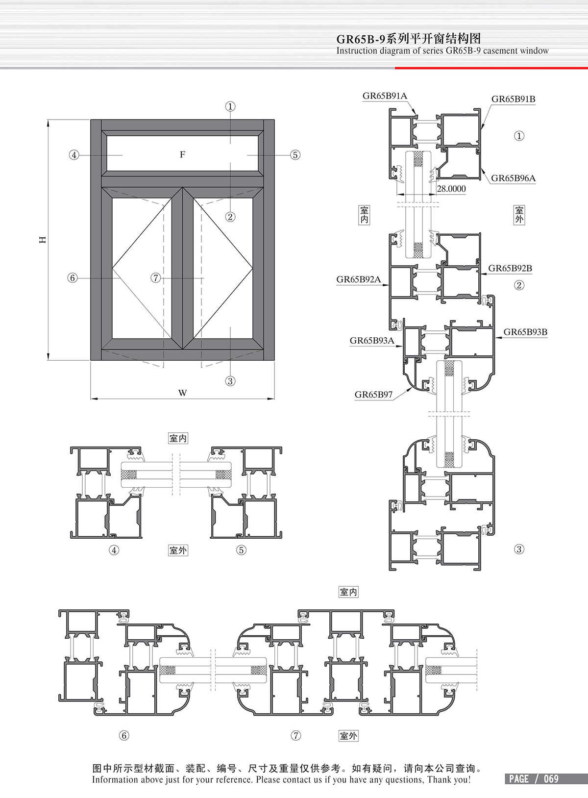 Schéma de structure de la porte à battant de la série GR65B-9