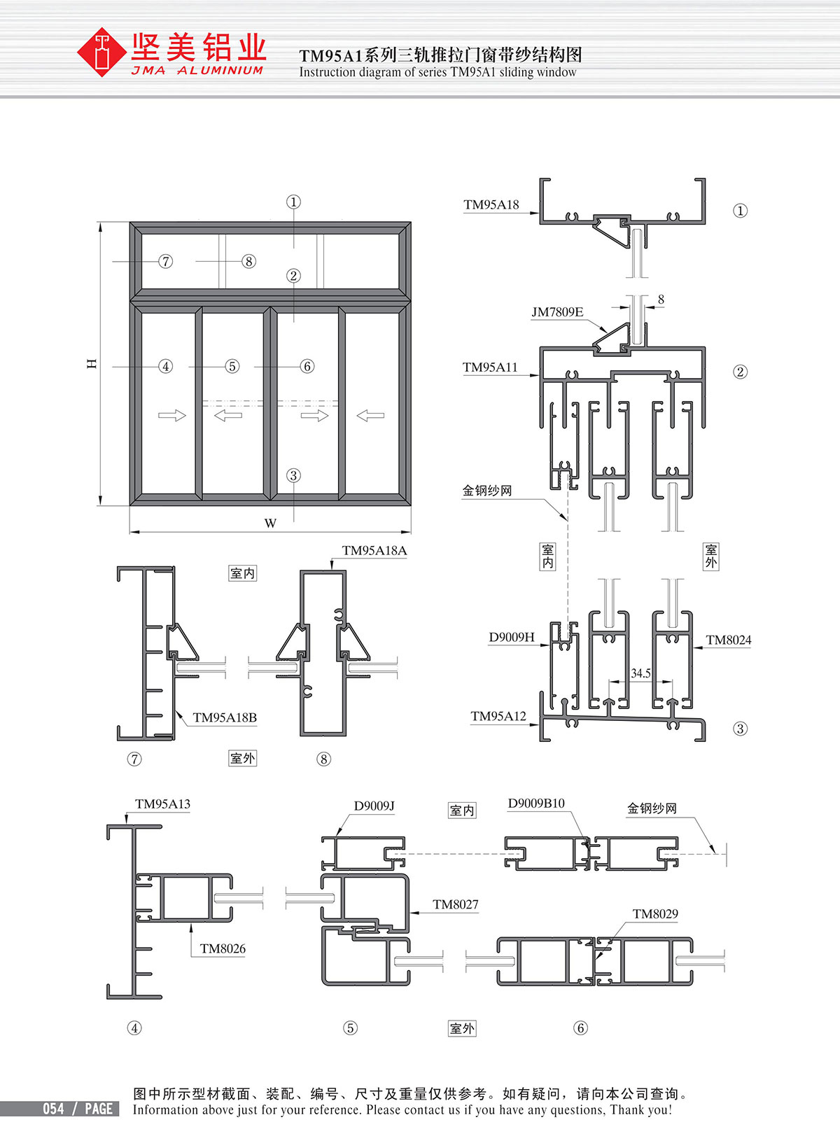 TM95A1系列三軌推拉門窗帶紗結構圖